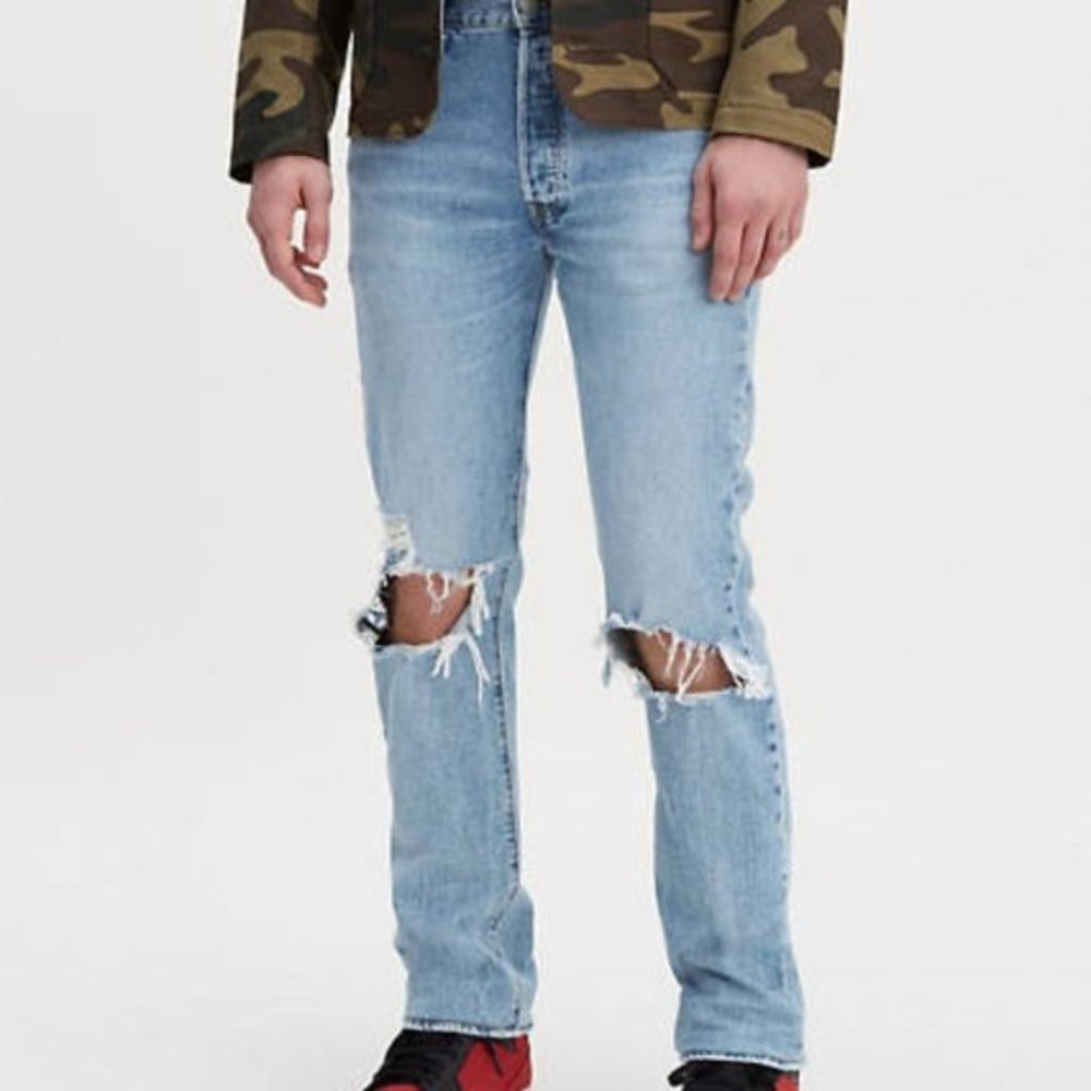 Levis 501 Original Stretch Straight Distressed Ripped Stretch Blue Jeans 36x30
